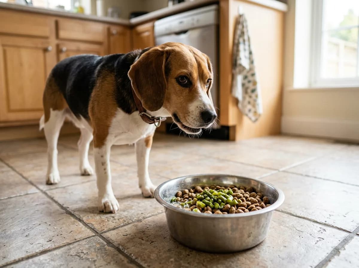 Beagle beside a bowl of kibble topped with a small portion of cooked asparagus, showing a safe serving size for dogs
