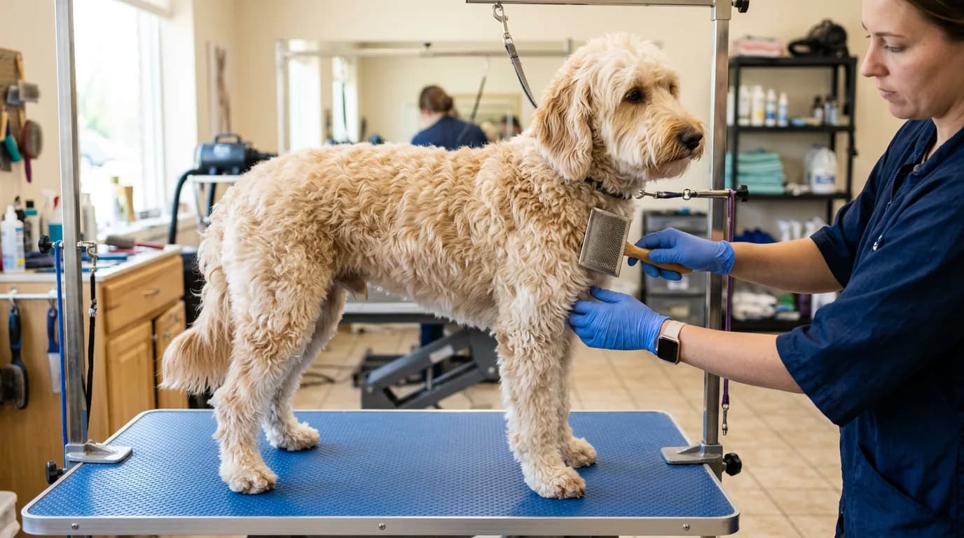 Groomer in blue gloves brushing a cream Aussiedoodle standing on a blue grooming table in a salon