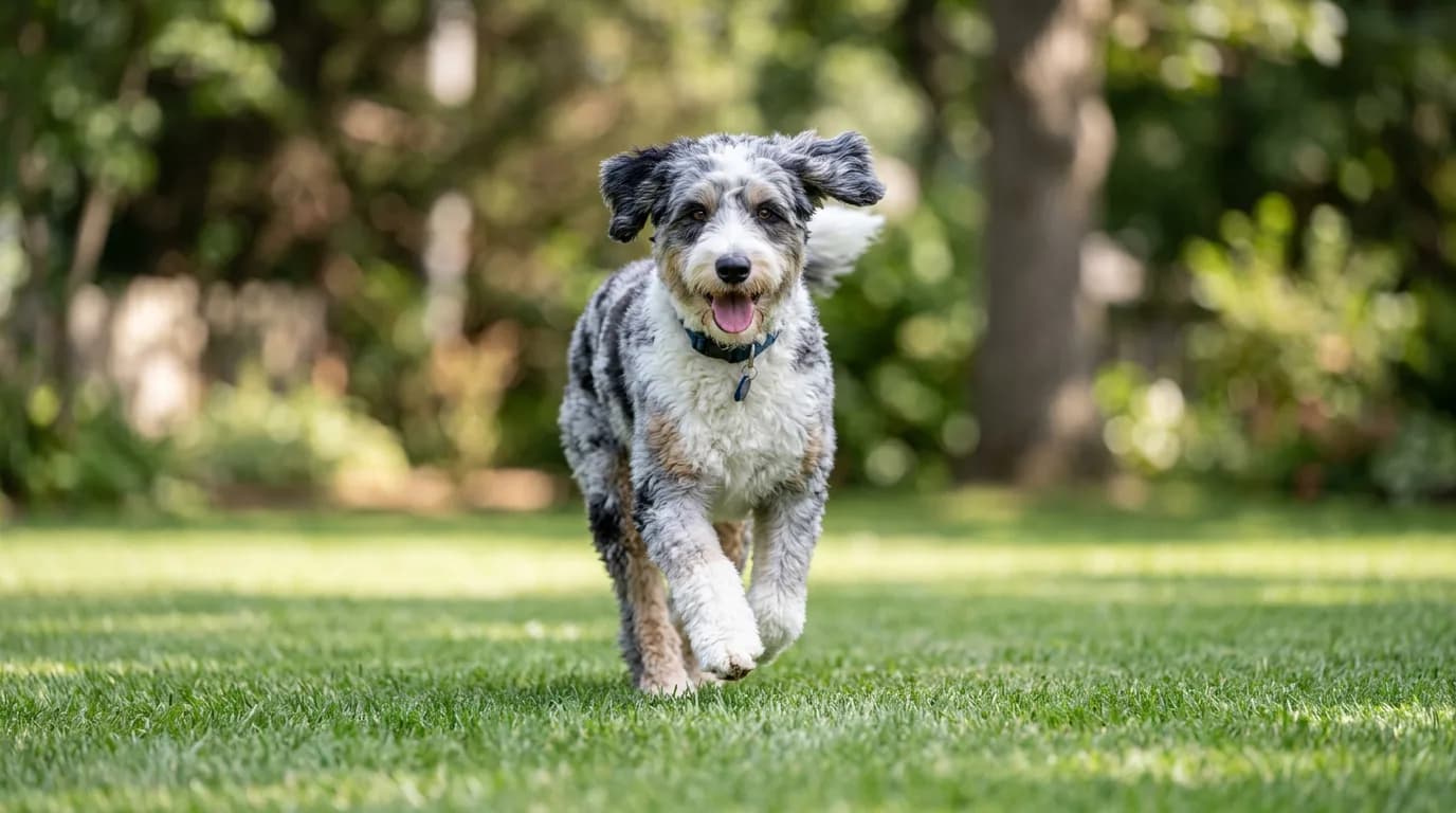 Blue merle Aussiedoodle trotting across a green lawn toward the camera with its tongue out