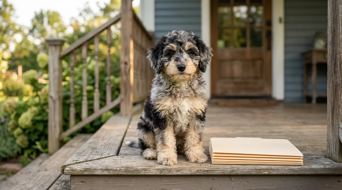 Black, grey and tan merle puppy sitting on a weathered porch beside a stack of plain manila folders