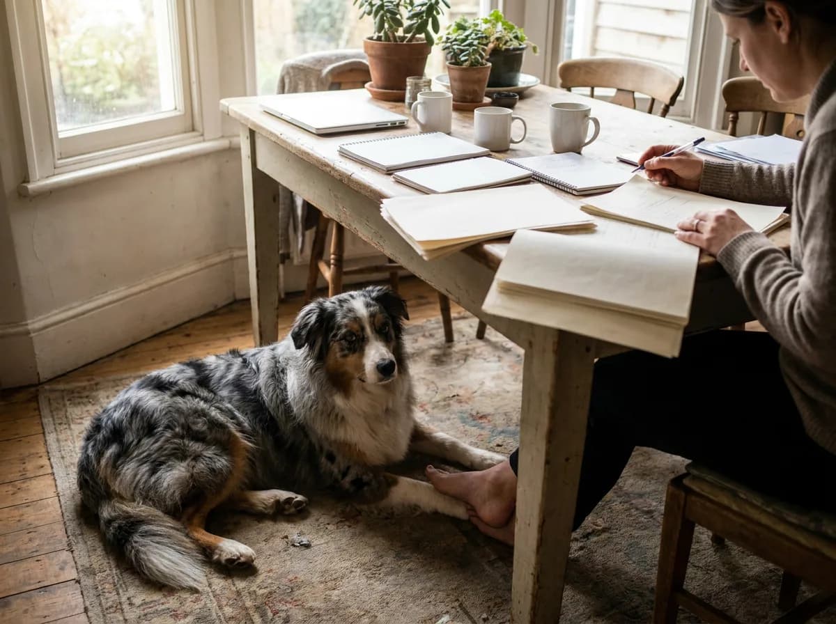 Australian Shepherd lying beside an owner working through paperwork at a kitchen table.