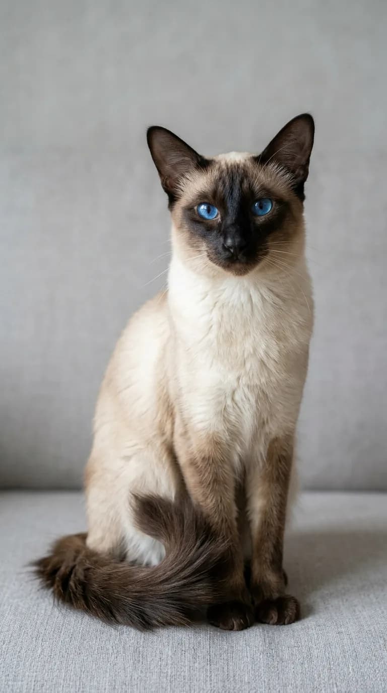 A seal-point Balinese cat with vivid blue almond-shaped eyes and a silky semi-long single-layer coat sitting against a soft neutral background