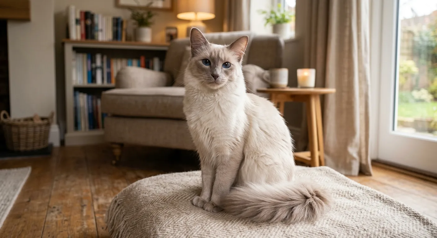 Seal-point Balinese cat with flowing semi-long silky coat, plumed dark tail, and vivid sapphire-blue eyes sitting on a white linen surface