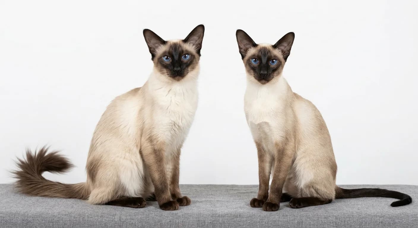 A seal point Balinese cat and a seal point Siamese cat sitting side by side on a grey surface against a white studio background, the Balinese on the left showing its clearly longer silky coat and bushy plumed tail, the Siamese on the right showing its short close-lying coat and thin dark whip tail, both with vivid blue eyes
