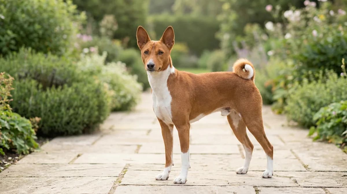 Chestnut-red and white Basenji standing on a garden path.