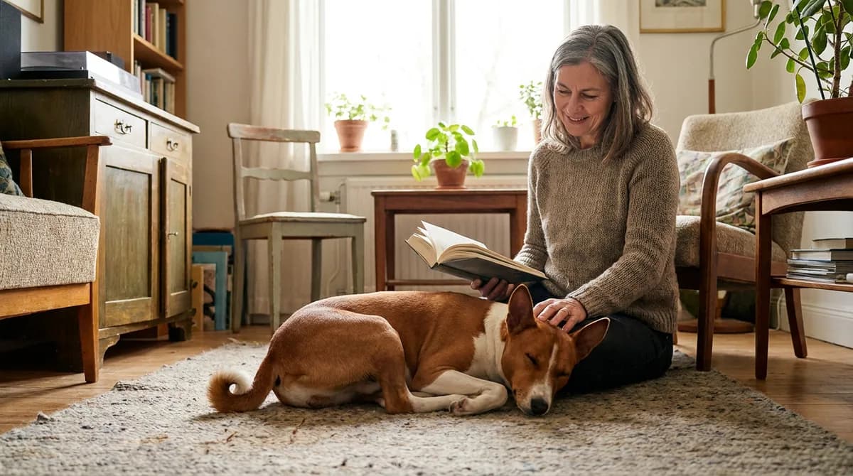 Red-and-white Basenji resting beside an adult reading at home.
