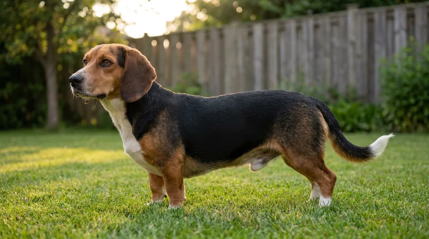 Tricolor Beagle Dachshund mix standing sideways on a backyard lawn, showing a long body, short legs, and long drop ears