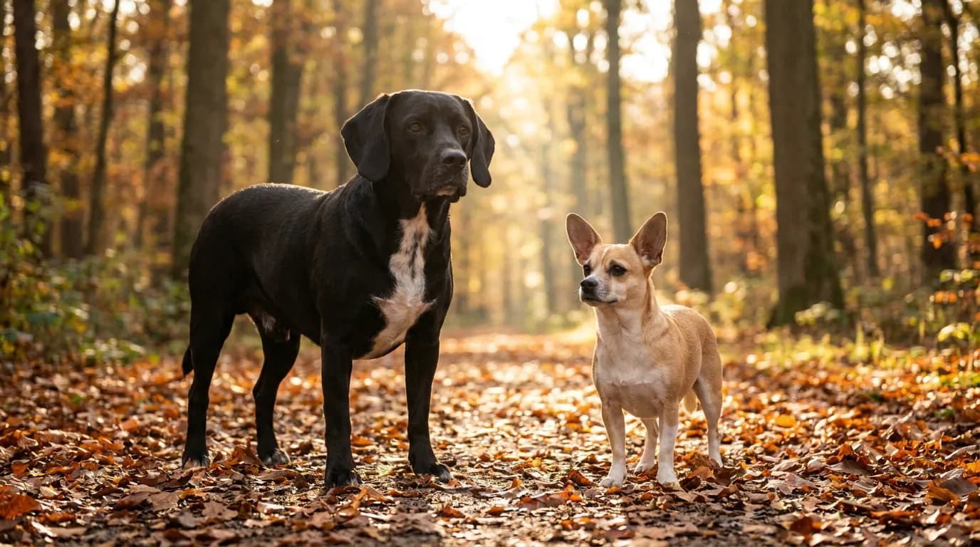 Two Beagle mixes on an autumn trail: a black Beagador with long drop ears and a smaller fawn Cheagle with upright ears