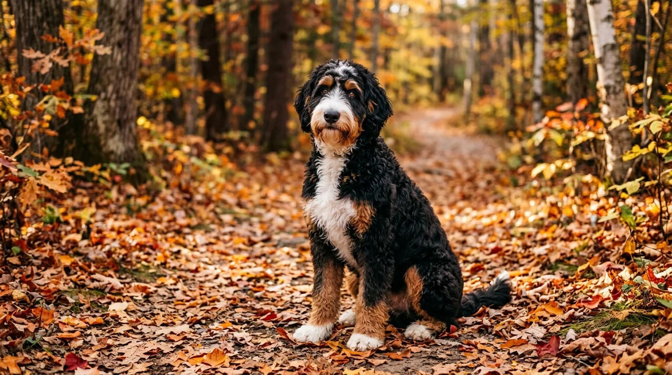 Standard tri-color Bernedoodle with black body, white chest blaze, and rust eyebrows sitting on a leaf-covered autumn trail, three-quarter angle, warm afternoon light