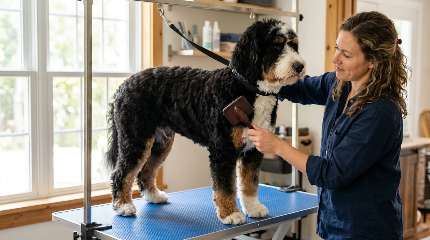A large tri-color (black, white, and rust) standard Bernedoodle standing on a grooming table while an owner brushes its back with a slicker brush, bright natural window light