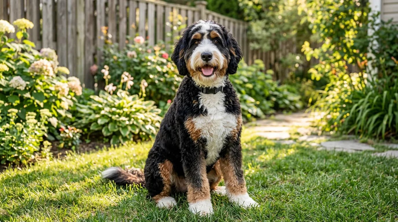 A tricolor black, white, and rust standard Bernedoodle sitting in a sunlit backyard, facing the camera with a relaxed open mouth