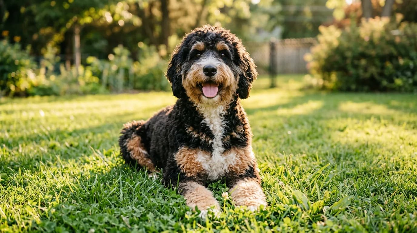 hero shot of a fluffy tricolor F1 Bernedoodle sitting on a grassy backyard lawn, warm golden-hour light, relaxed open-mouth smile