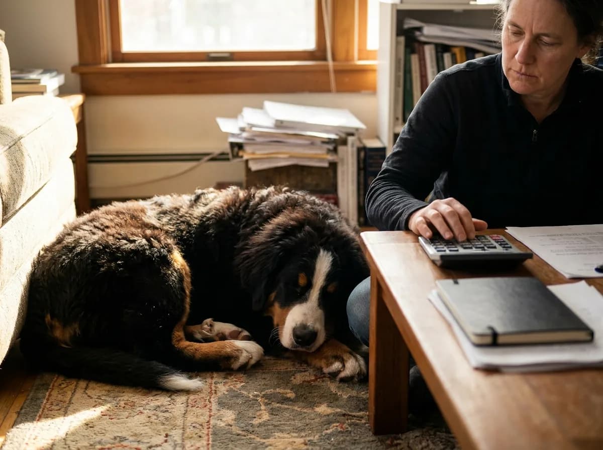 Bernese Mountain Dog resting beside an owner using a calculator at a desk.