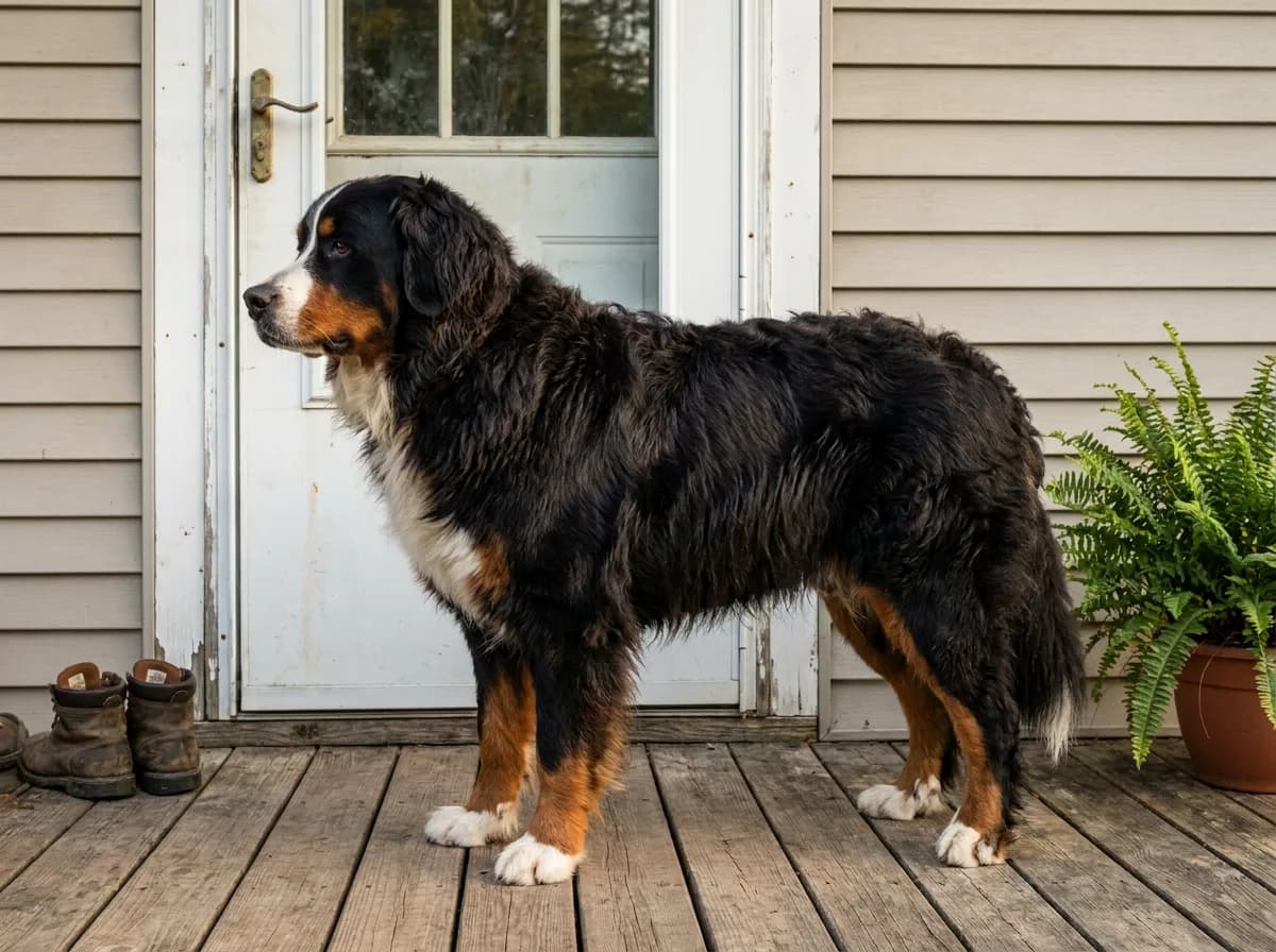 Adult Bernese Mountain Dog standing in profile beside a porch doorway.