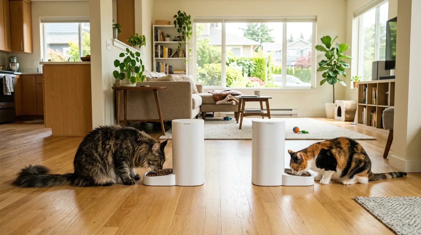 A Maine Coon and a calico cat eating at two separate automatic feeders in a bright living room