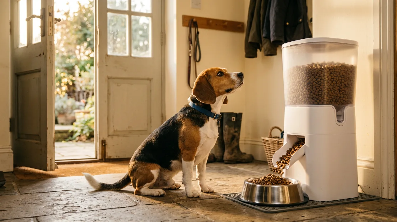 A beagle watching a large-hopper automatic dog feeder dispense kibble in a mudroom at golden hour