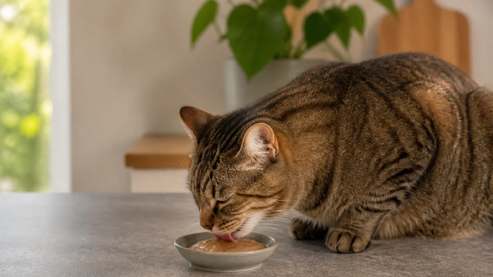 Calm cat licking an unbranded puree treat from a small dish in a quiet home