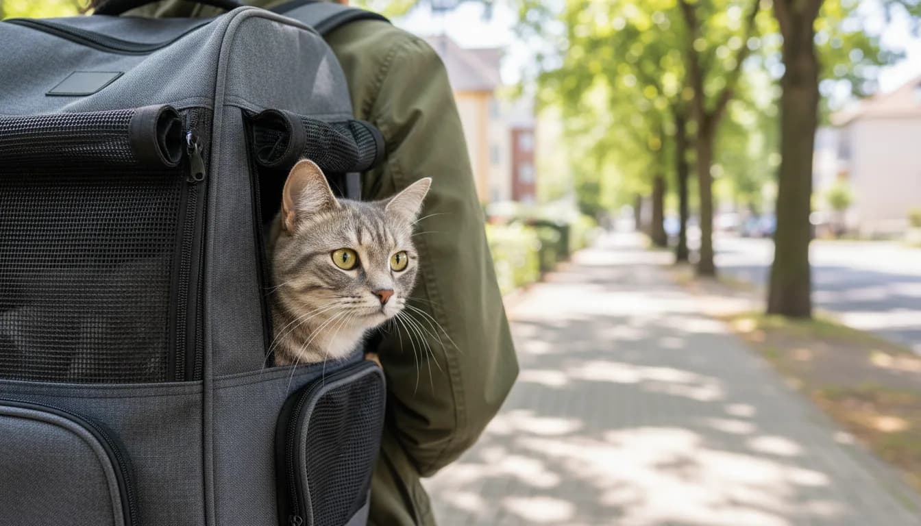A calm tabby cat looking out the mesh window of a cat backpack worn by a person on a sunny sidewalk