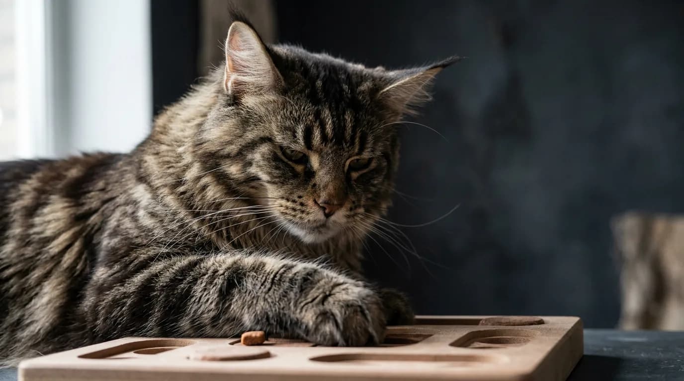 Maine Coon cat with tufted ears looking down intently as its paw works a treat out of a wooden multi-cup puzzle board in moody soft light