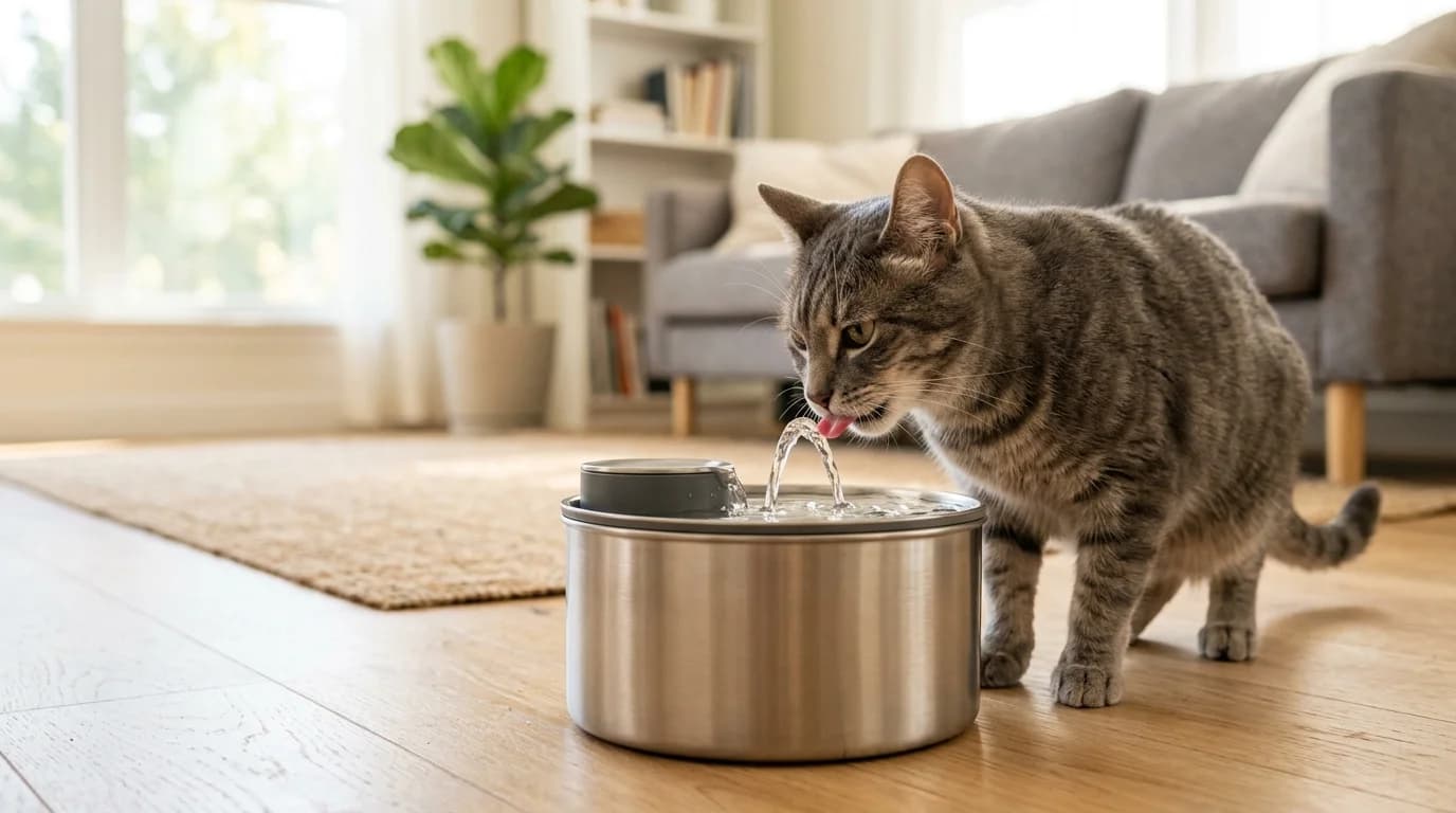 A grey tabby cat drinking from the water arc of a brushed stainless steel cat water fountain in a bright living room