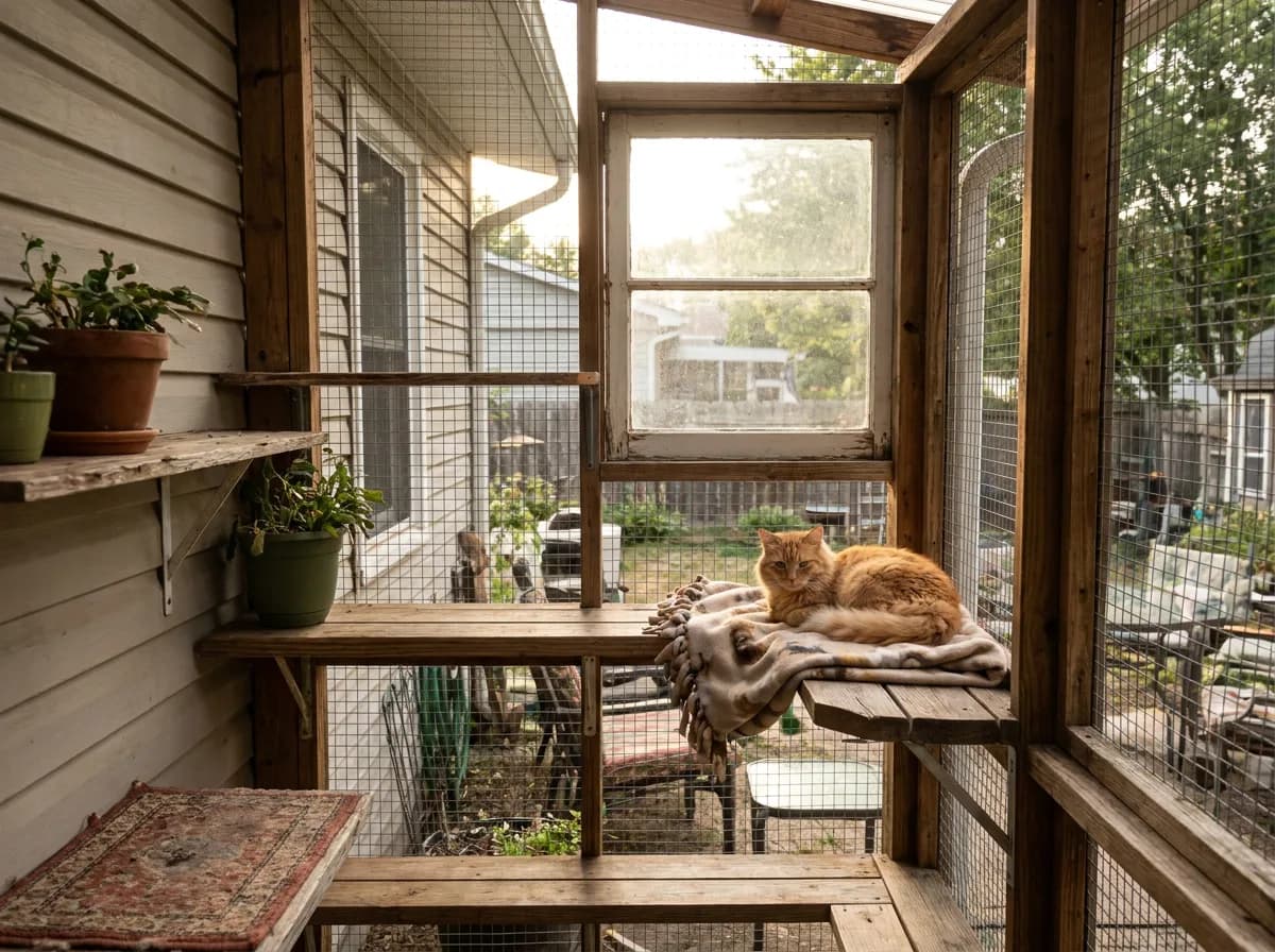 Orange cat lounging on a wooden shelf inside a screened catio attached to a house wall, backyard visible through the mesh