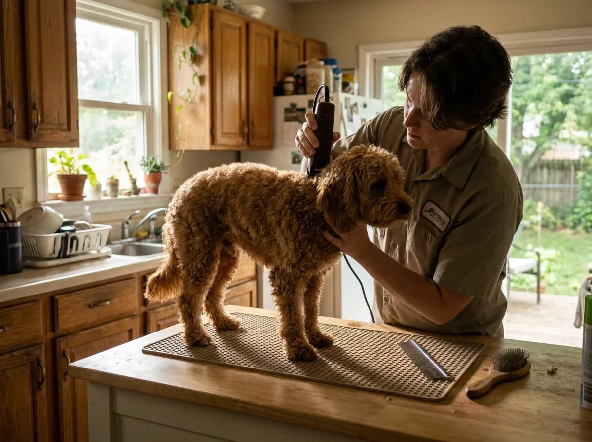 Groomer trimming a curly apricot doodle with a corded clipper while the dog stands on a non-slip mat on a kitchen counter