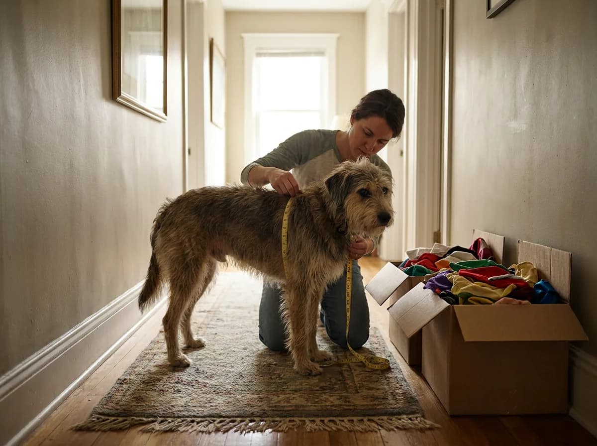 Medium mixed-breed dog standing on a hallway runner while an owner holds a soft tape measure around its chest, two costume boxes open beside them