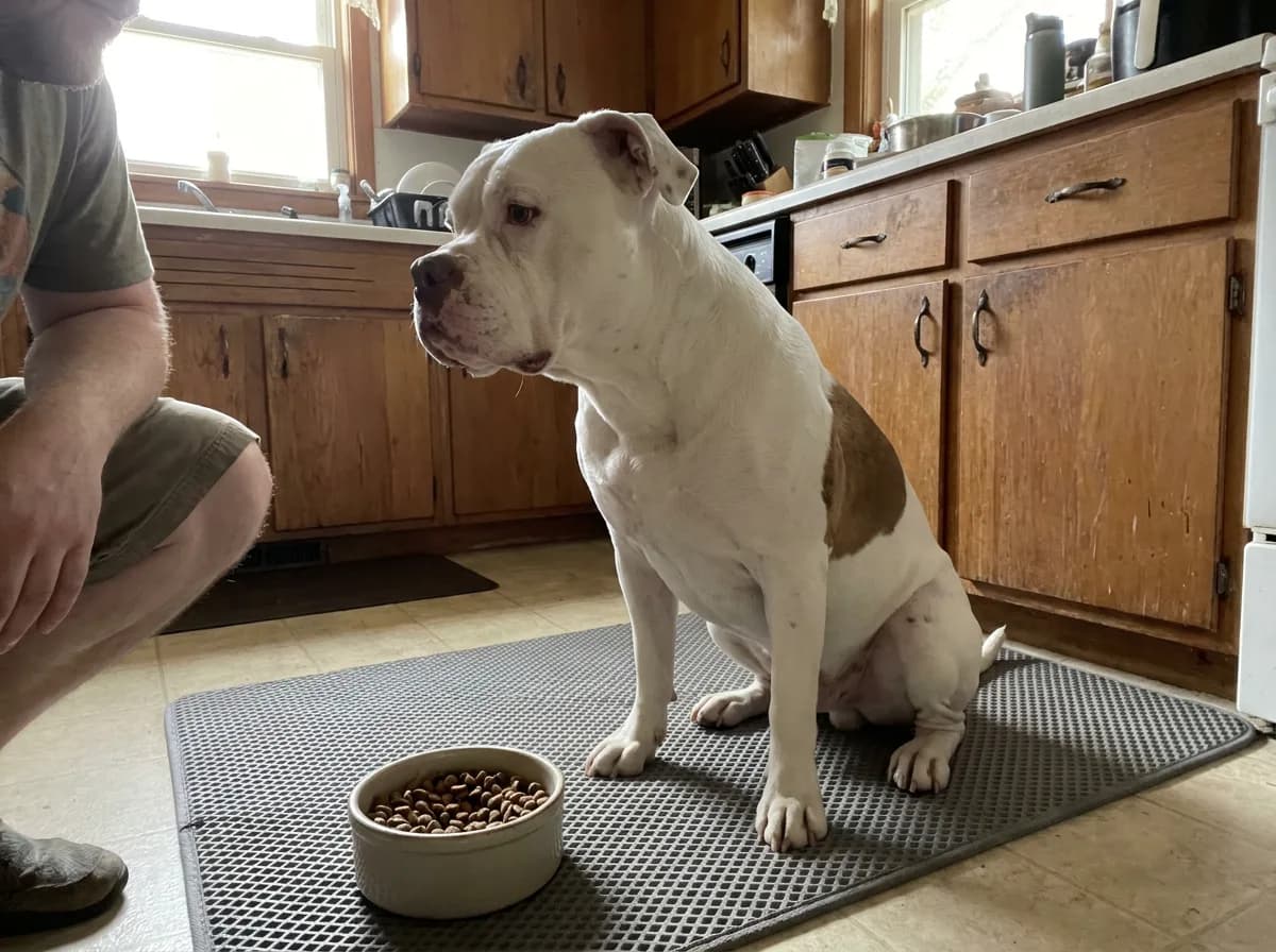 Adult American Bulldog waiting beside a food bowl and caregiver