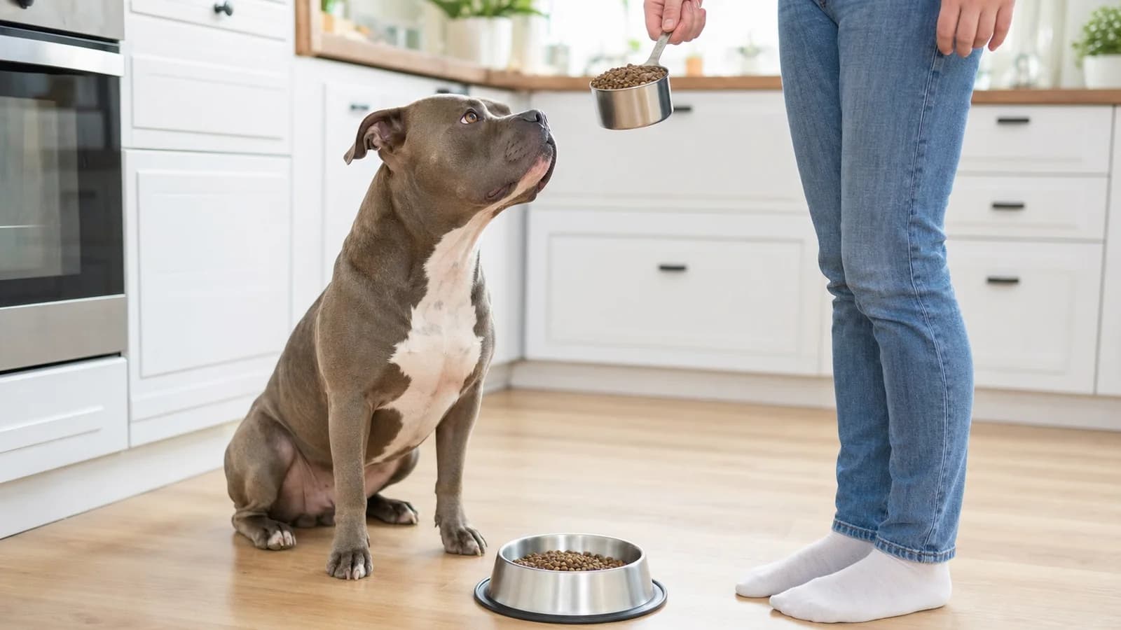 Fit adult American Bully waiting calmly beside a measured unbranded complete meal