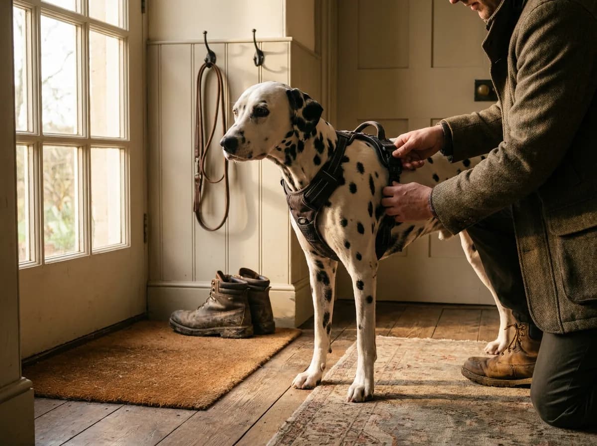 Dalmatian standing in a home entryway while its owner kneels to buckle a padded body harness before a walk