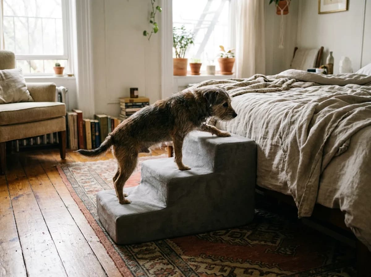 Scruffy terrier climbing a three-step grey foam staircase up to a made bed in a bright bedroom