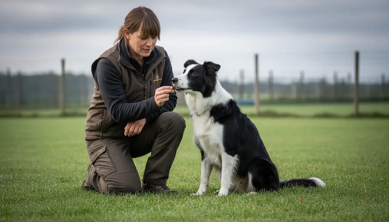 Kneeling trainer giving a small food reward to a seated border collie.