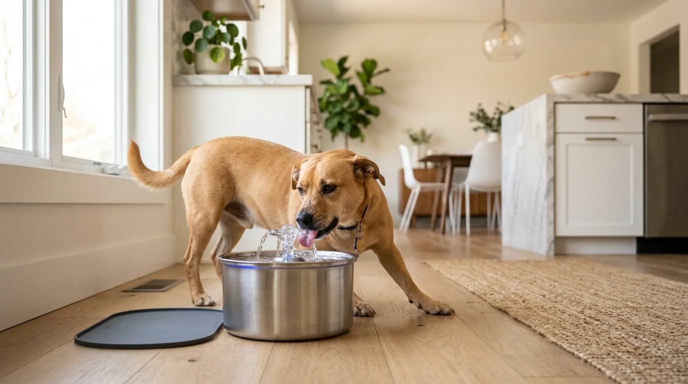 A tan medium-sized dog drinking from the water arc of a brushed stainless steel dog water fountain in a bright kitchen