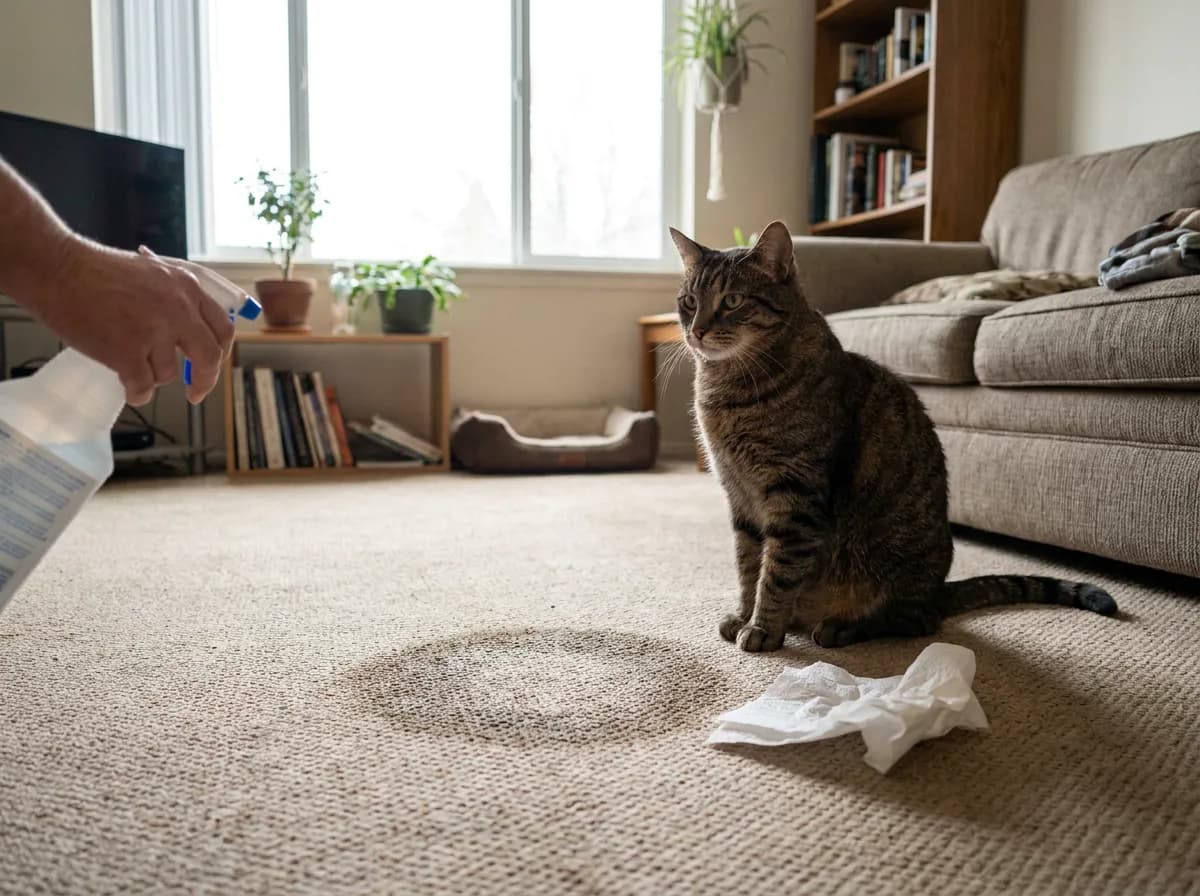 Tabby cat sitting on a beige living room carpet beside a damp blotted spot while a hand holds a spray bottle at the edge of the frame