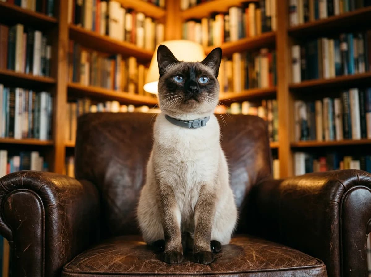 Blue-eyed Siamese cat wearing a gray breakaway collar sits upright on a brown leather armchair in a book-lined library.
