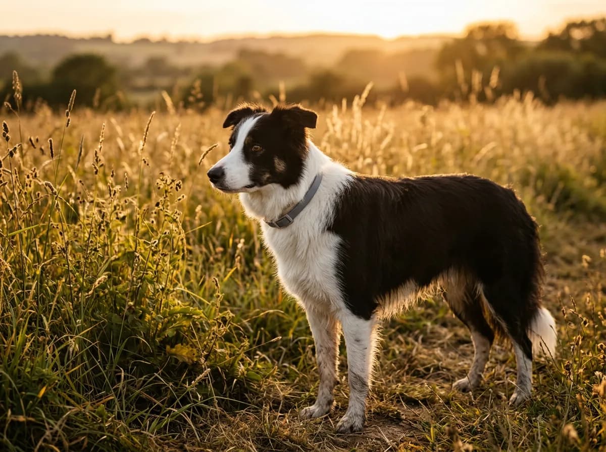 Black and white Border Collie type dog wearing a gray collar stands in a golden grassy field at sunset.