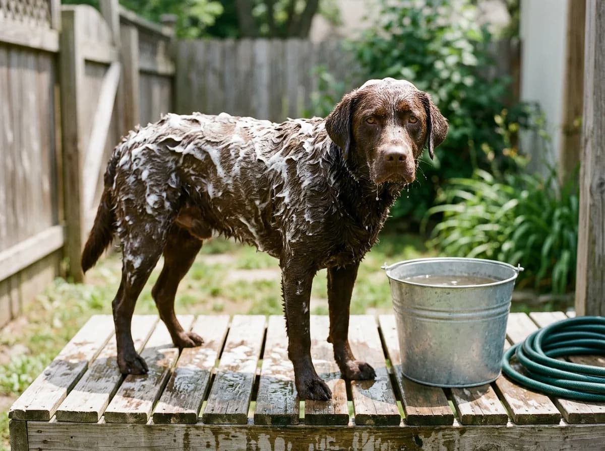 A wet chocolate Labrador covered in shampoo lather stands on a wooden deck beside a metal bucket of water and a coiled garden hose.