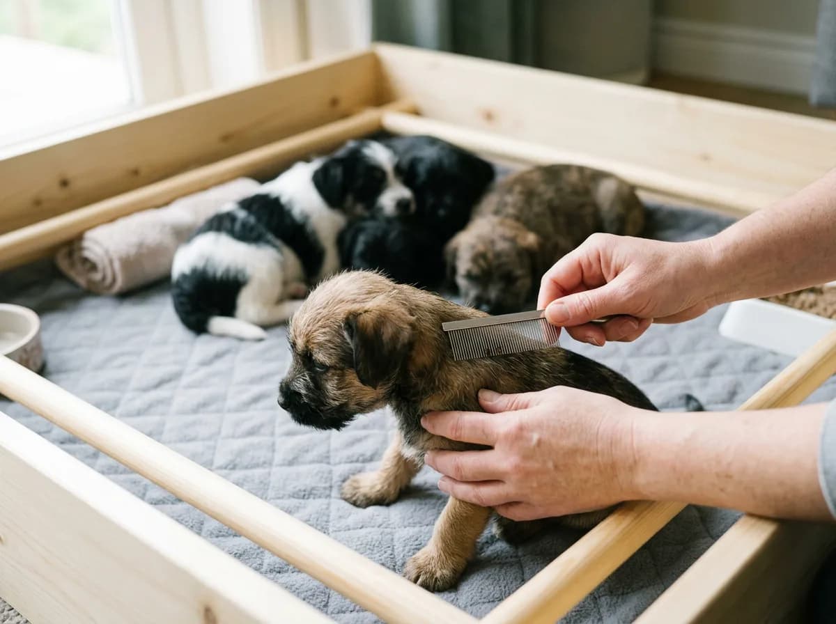 A person combs a small tan puppy with a metal flea comb while three littermates rest on a gray pad in a wooden whelping box.