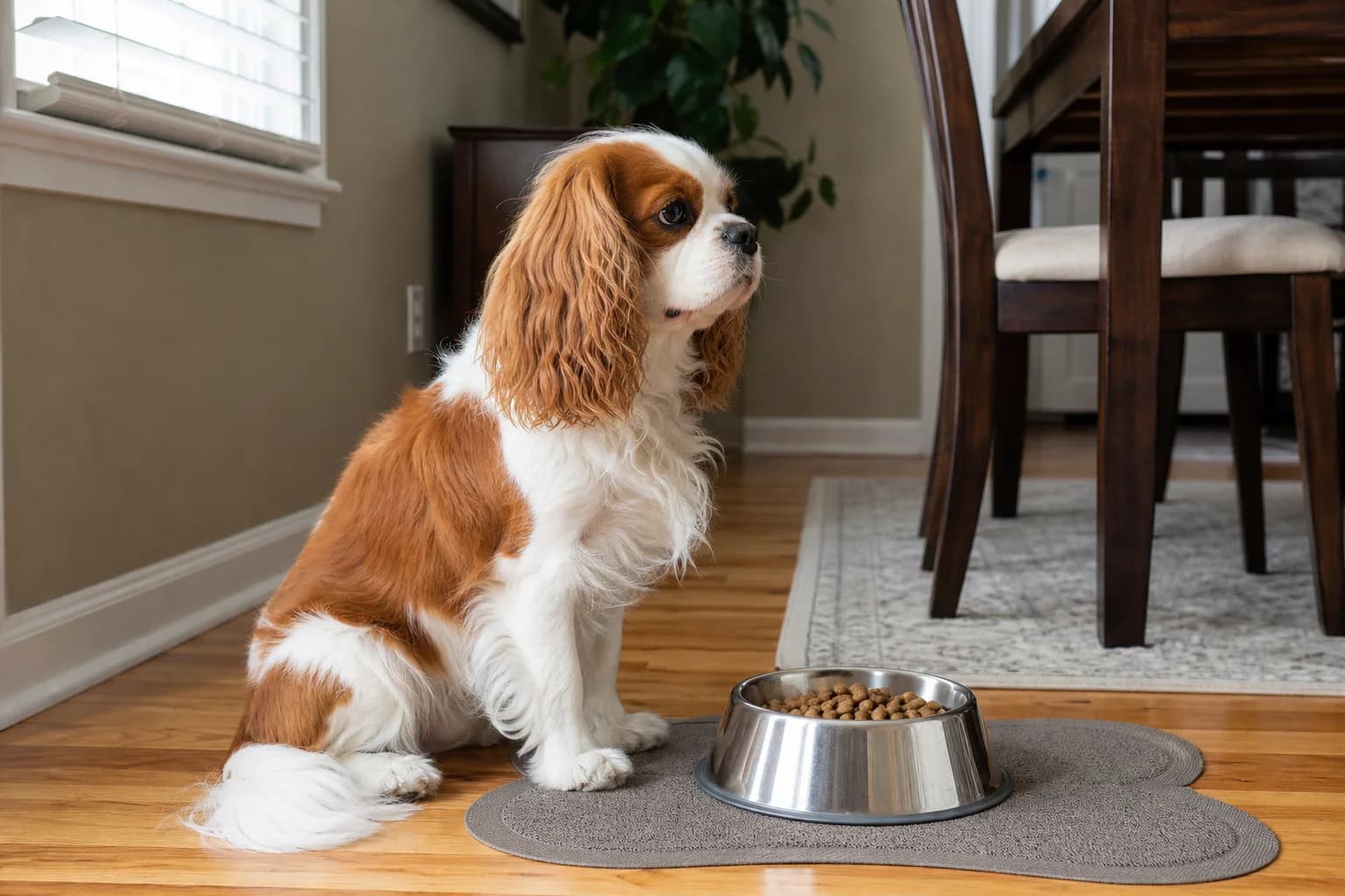 Adult Cavalier beside a measured meal and a package nutritional adequacy panel