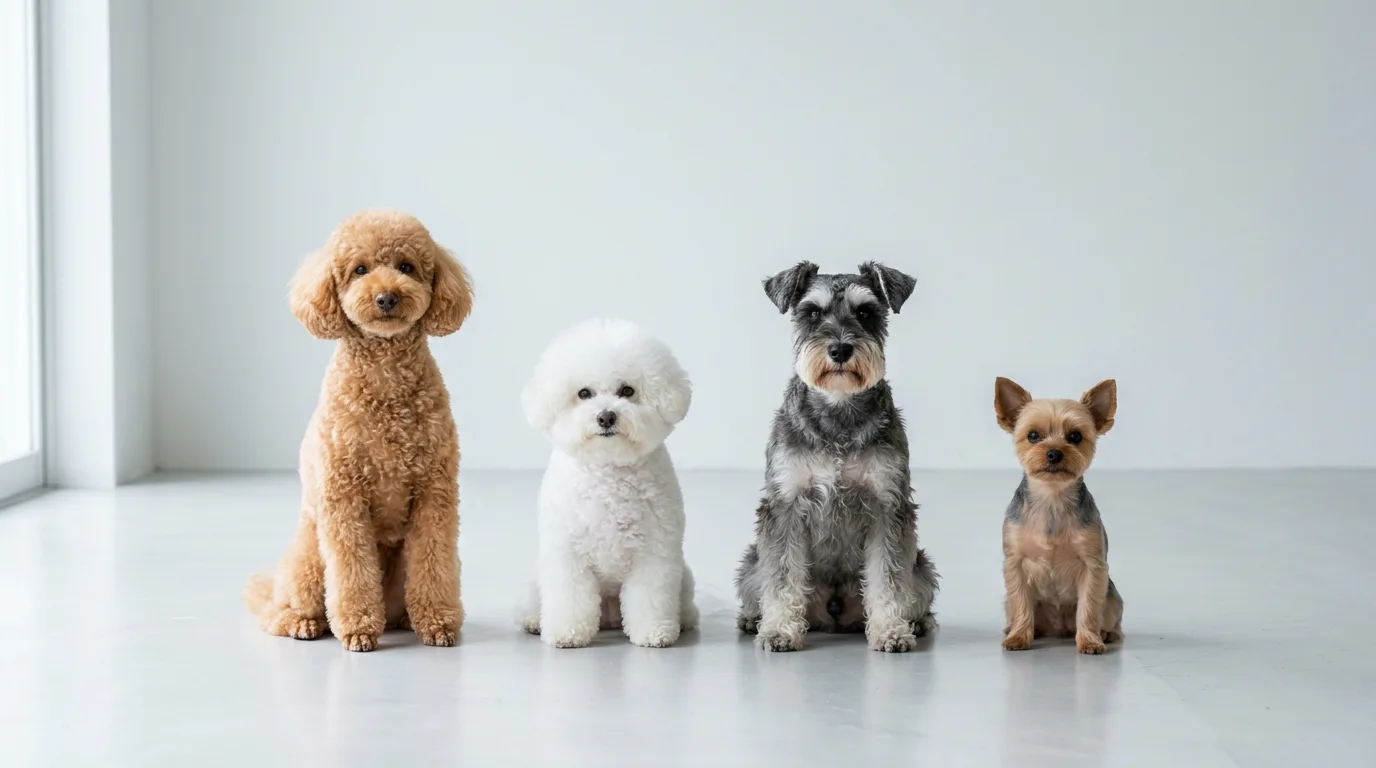 A lineup of four hypoallergenic dog breeds, an apricot Standard Poodle, a white Bichon Frise, a salt-and-pepper Miniature Schnauzer, and a Yorkshire Terrier, sitting together in a bright studio