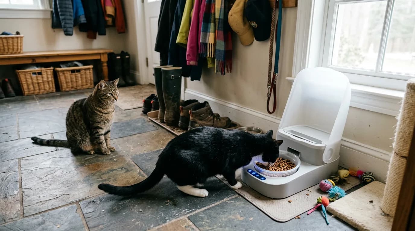 A tuxedo cat approaching a covered microchip feeder with the lid open while a second cat waits nearby