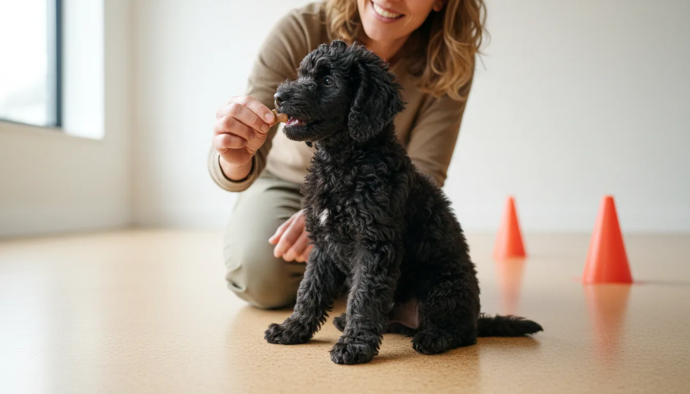 Black poodle puppy receiving a small reward while sitting beside its trainer.