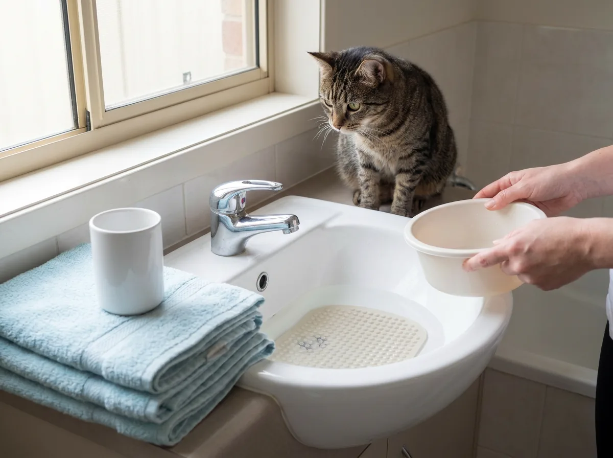 Cat beside a sink prepared with a nonslip mat, folded towels and a rinsing cup.