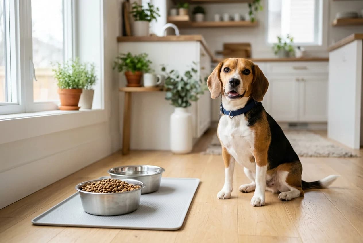 Two brushed stainless steel dog bowls on a non-slip mat beside a happy beagle in a bright kitchen
