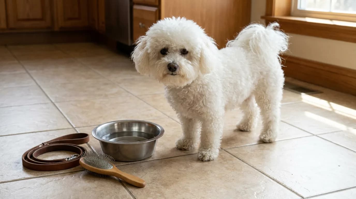 White Bichon Frise beside a stainless steel water bowl, leash, and grooming brush on a tiled floor.