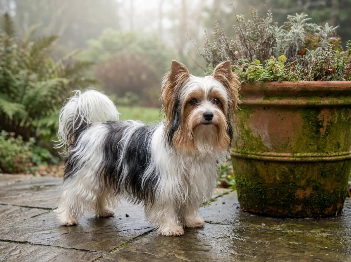 Tricolor Biewer Terrier standing beside a mossy planter on a garden path