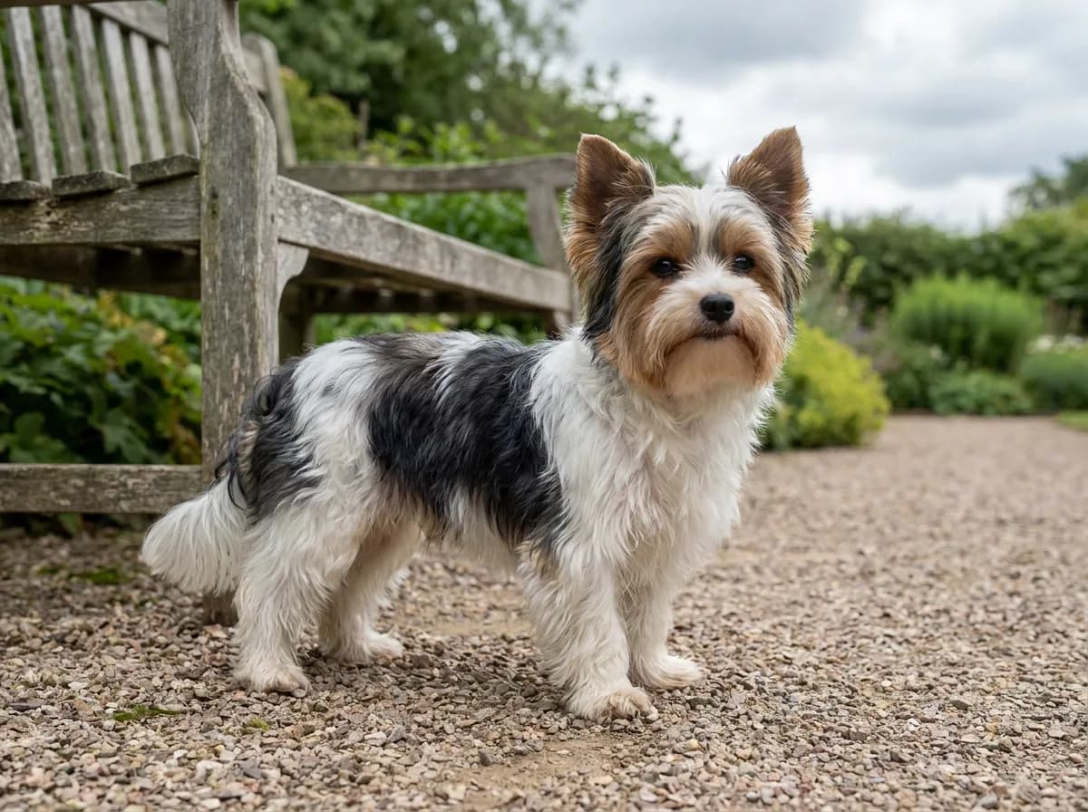 Adult Biewer Terrier standing on gravel beside a garden bench