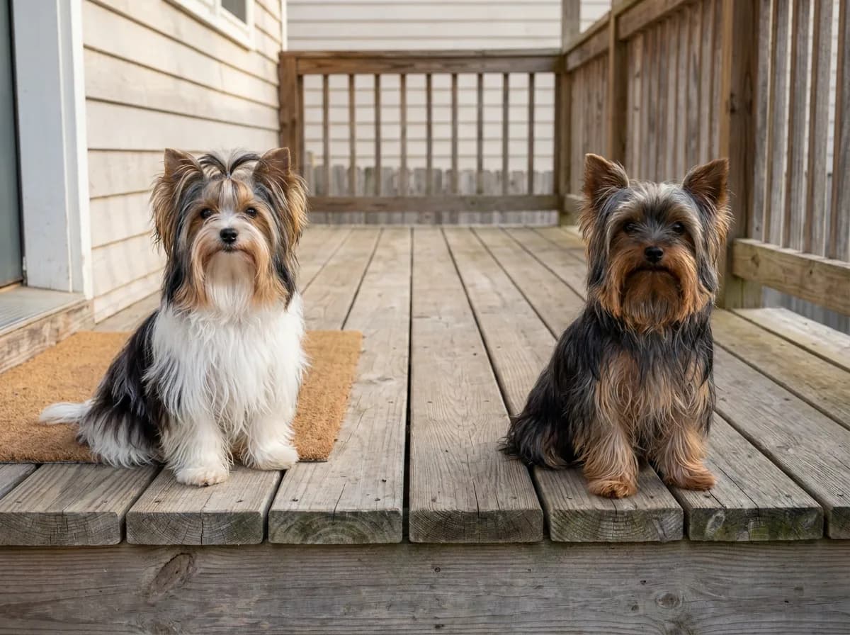 A white-and-black Biewer Terrier and blue-and-tan Yorkshire Terrier sitting on a porch