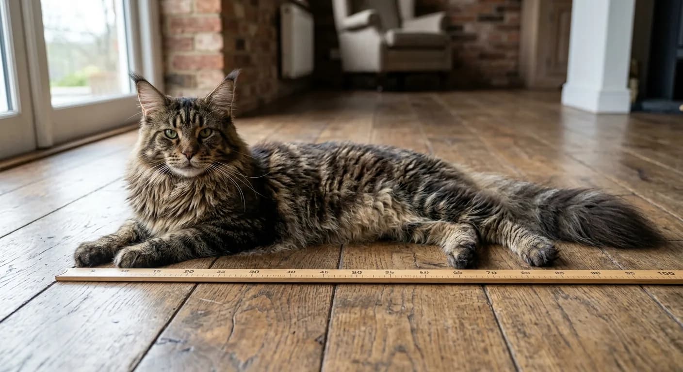 A massive brown tabby Maine Coon lying stretched out on a wooden floor, showing its full length next to a ruler for scale, natural light