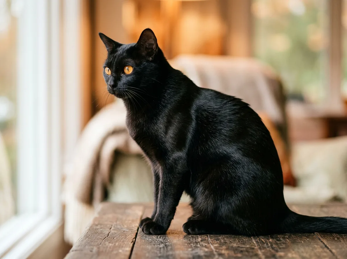 A glossy solid-black Bombay cat in profile with bright copper eyes